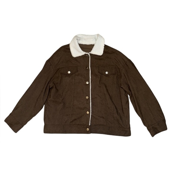 SHEIN brown white fuzzy shacket women’s size large - Picture 1 of 8